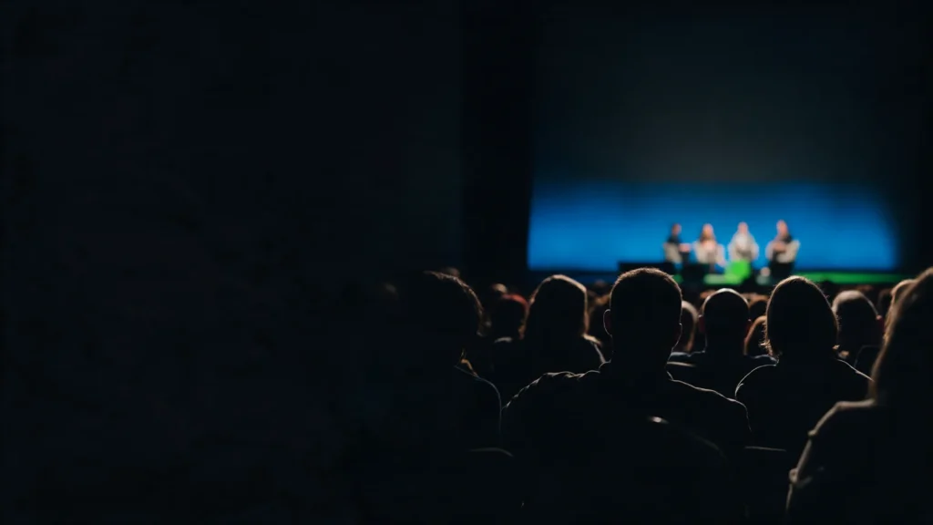 Plateia em silhueta assiste a um painel em um palco iluminado de azul