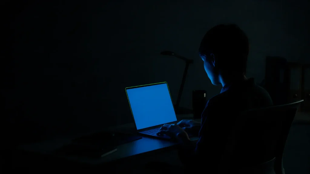 Pessoa de costas diante de um notebook aberto, iluminada pela luz azul da tela