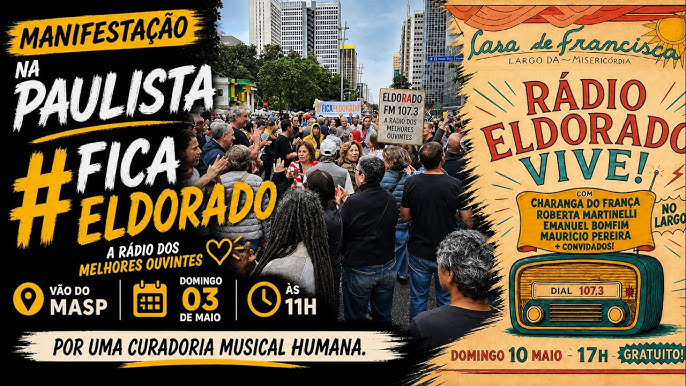 Posts e foto da manifestação no vão do MASP, na Avenida Paulista, pedindo a permanência da Rádio Eldorado